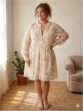 LOVELO Floral Lace Eyelet Dress Women's Size 2XL Long Sleeve Cream Button NWT